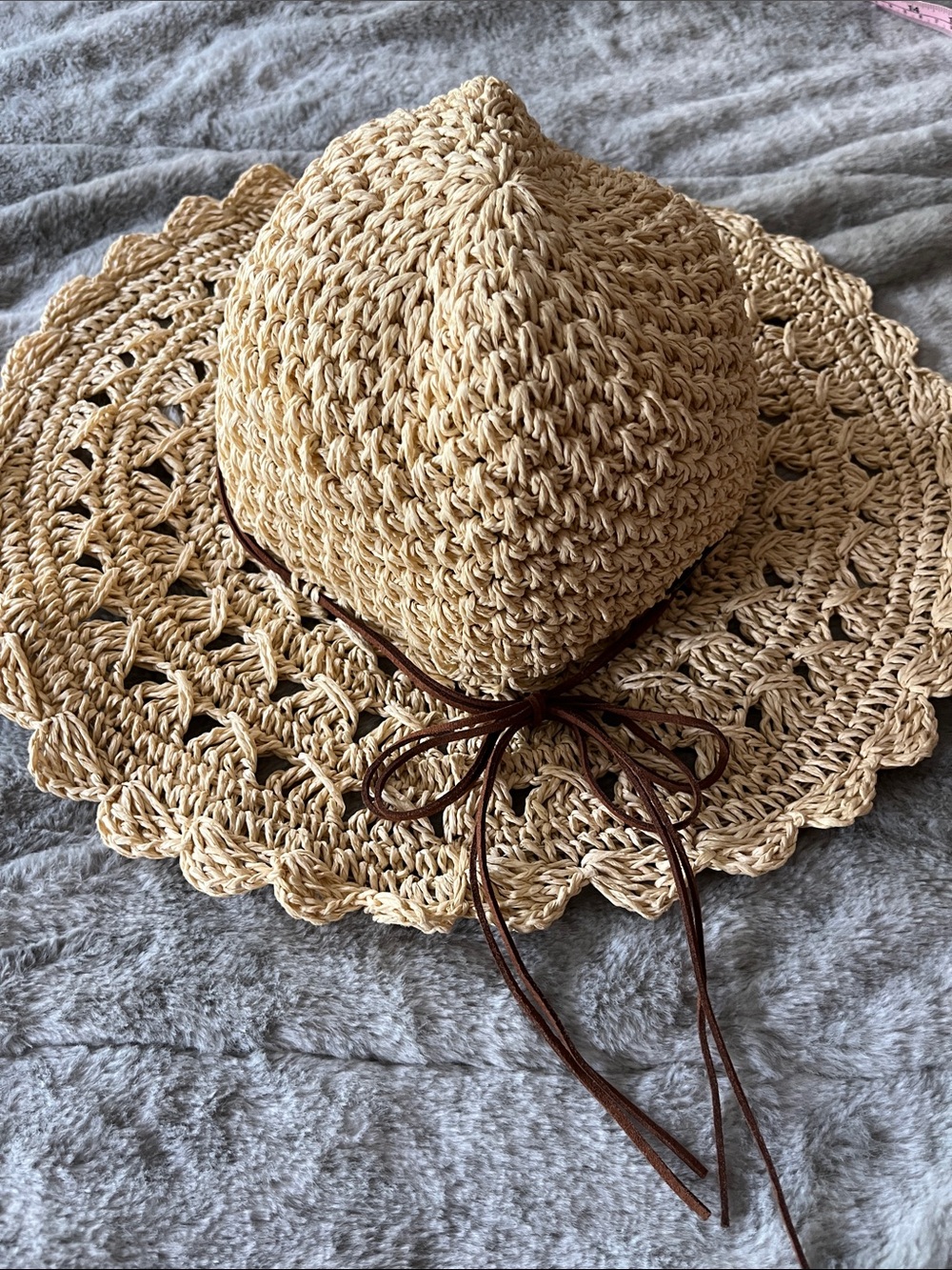 Straw Crochet Sun Hat with Brown Tie - Women's Beach Hat - Picture 6 of 6